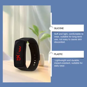Detail view of black digital sports watch with silicone strap and clear red LED display.