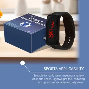 LED digital sport watch with black silicone strap and packaging box, detail feature view.