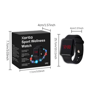 Detailed view of the digital sport watch showing product dimensions and box design.