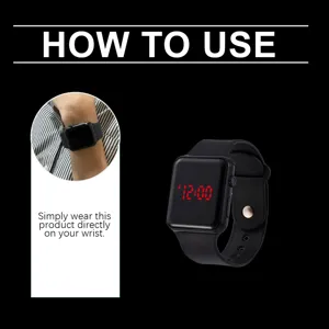 Black square electronic digital watch with LED display and silicone strap for sports and daily use.