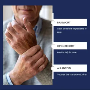 Joint care patch detail image showcasing natural herbal ingredients like mugwort and ginger root.