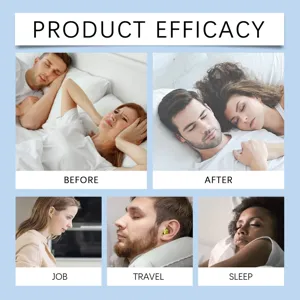 Tappi per le orecchie antirumore mostrati in vari scenari quotidiani come viaggio lavoro sonno.
