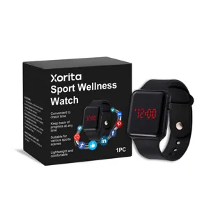 Black LED digital sports watch with stylish packaging box for outdoor fitness use.
