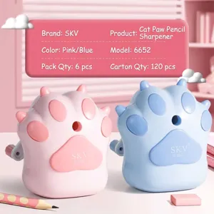 Macro view of blue and pink cat paw-shaped manual pencil sharpeners on a desk.