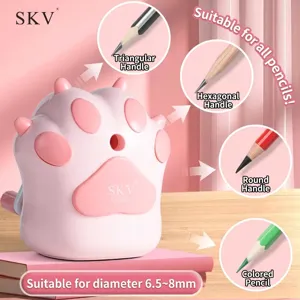 Detailed view of pink cat paw manual pencil sharpener showing 6.5-8mm diameter compatibility