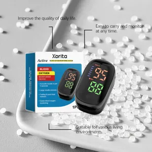 Oxymètre de pouls portable Xorita affichant SpO2 et fréquence cardiaque avec boîte