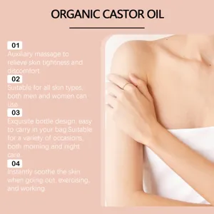 Organic castor oil skin care application shown on a female model's shoulder area