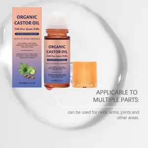 Close-up of organic castor oil roller bottle showing its multi-part application area