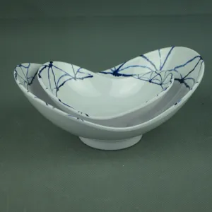 Melamine Irregular Yuanbao Bowl White Floral Print Mimic Ceramic Salad Soup Bowl Unbreakable Tableware For Home Restaurant
