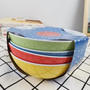 Colorful melamine salad bowl set, durable tableware set of four for kitchen dining use.