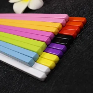Close-up macro view of vibrant candy-colored melamine chopsticks for children, 18cm length