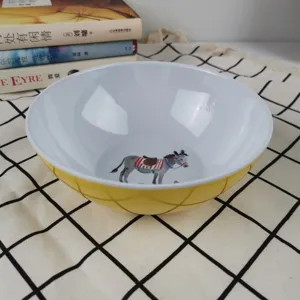 Melamine salad bowl with cute donkey illustration yellow exterior white interior kids tableware
