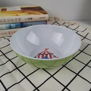 Melamine salad bowl with green grid exterior and circus tent pattern inside for kids tablewares