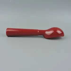 Red melamine ice cream scoop detail, durable kitchen spoon for dessert and beverage prep.
