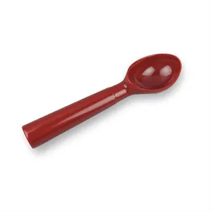 Red melamine ice cream scoop detail, showing smooth finish, durable handle and deep bowl.