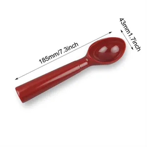 Red melamine ice cream scoop with clear size dimension details for kitchen use.