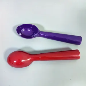 Durable plastic ice cream spoons and lemon crushing hammers in vibrant purple and red colors.