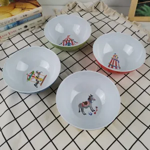 Melamine salad bowl set with cute circus animal illustrations, durable children tableware.
