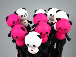 Close-up of cute panda toppers on colorful melamine children's chopsticks with heart detail