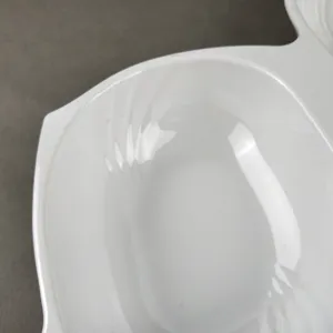Detailansicht der weißen Melamin geteilten Servierplatte mit glatter glänzender Oberfläche.
