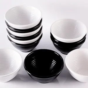 Melamine ribbed soup bowls set, durable black and white plastic tableware for kitchen.