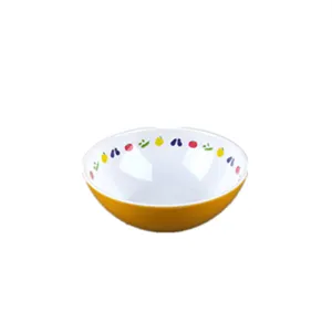 Melamine salad bowl with cute vegetable patterns, yellow exterior and white interior design.