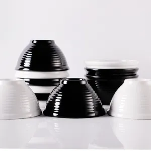 Black and white melamine ribbed bowls set, durable plastic cereal bowls for kitchen dining.