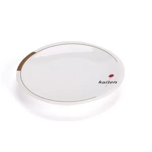 Detaillierte Ansicht des weißen Melamin-Esstellers mit goldener Kante und Markenlogo.