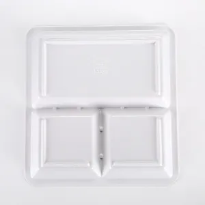 White melamine partitioned tray, 3-compartment square cafeteria dinner plate for daily use.