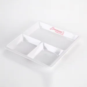 Melamine 3-compartment divided tray detail view, durable square cafeteria dinner plate.