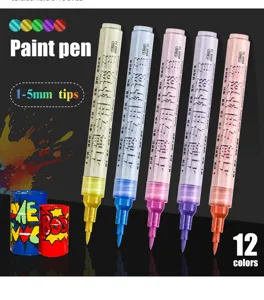 Lot de 12 Stylos Peinture Pinte Pointe Pinceau 1-5mm Imperméables pour Art Graffiti DIY