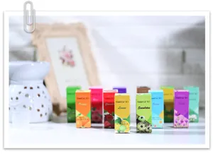 Détail d'huile essentielle hydrosoluble montrant diverses boîtes et diffuseur.