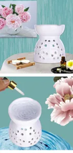 White ceramic essential oil burner wax melt warmer with floral relief and candle holder