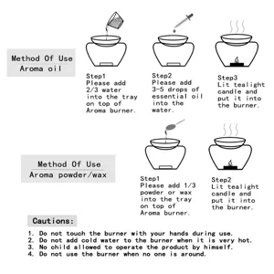 Instrucciones ilustradas para el uso del quemador de aromas de cerámica con aceite y cera