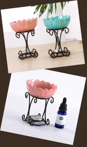 Ceramic aroma burner with iron stand, lotus design essential oil warmer detail view