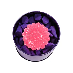 Macro detail view of pink lotus resin incense holder with purple backflow incense cones in a tin