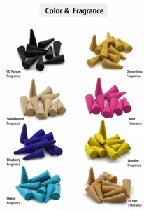 Close-up of colorful backflow incense cones showcasing multiple fragrance options