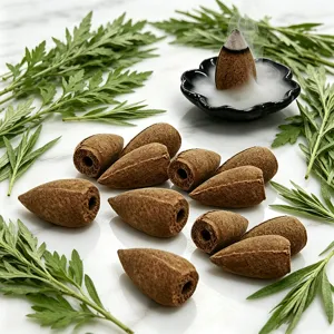 Coffret Cadeau de Cônes d'Encens à Refoulement en Armoise Naturelle Avec Porte-Brûleur Sakura en Céramique et Boîte en Métal