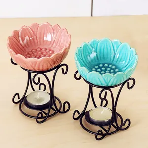 Iron Art Ceramic Aromatherapy Burner Essential Oil Holder Metal Frame Candle Wax Melt Warmer Home Decor Tabletop Ornament