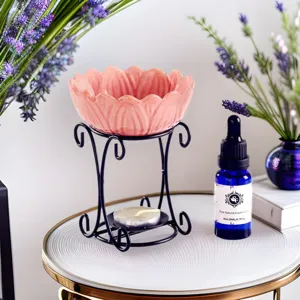 Ceramic Lotus Aromatherapy Burner with Iron Stand Essential Oil Candle Holder for Home Decor
