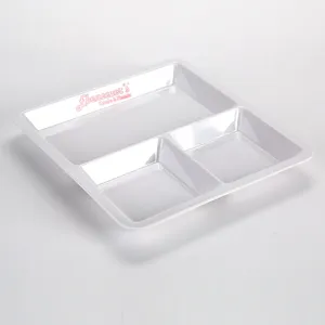Melamine 3-compartment dinner plate white square cafeteria food tray for student home.