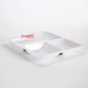 Melamine 3-compartment square dining plate for home and student cafeteria use white tray.