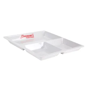 Melamine 3-compartment divided dinner plate square white cafeteria food tray for student