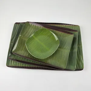 Set d'assiettes feuille de bananier en mélamine, style tropical plats de service rectangulaires.