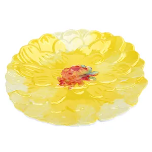 Yellow floral melamine dinner plate, decorative flower-shaped serving dish for home table.
