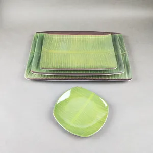Service de vaisselle en melamine forme de feuille de bananier, assiettes rectangulaires.
