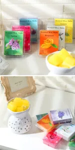 Scented wax melts in transparent clamshell packaging with multiple floral and fruit fragrances.