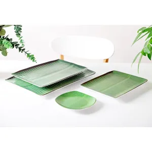 Set d'assiettes en melamine en forme de feuille de bananier, vaisselle verte durable.