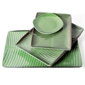 Plateau de Service Feuille de Bananier en Mélamine Assiettes Carrées et Rectangles