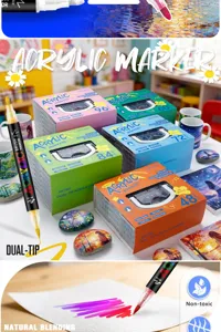 Dual-tip acrylic marker pens set for kids art painting and colorful graffiti crafts.